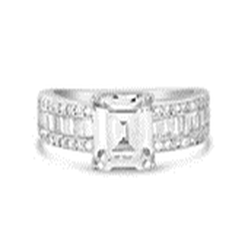 Sterling Silver Emerald Cut CZ Baguette and Round Accents Ring