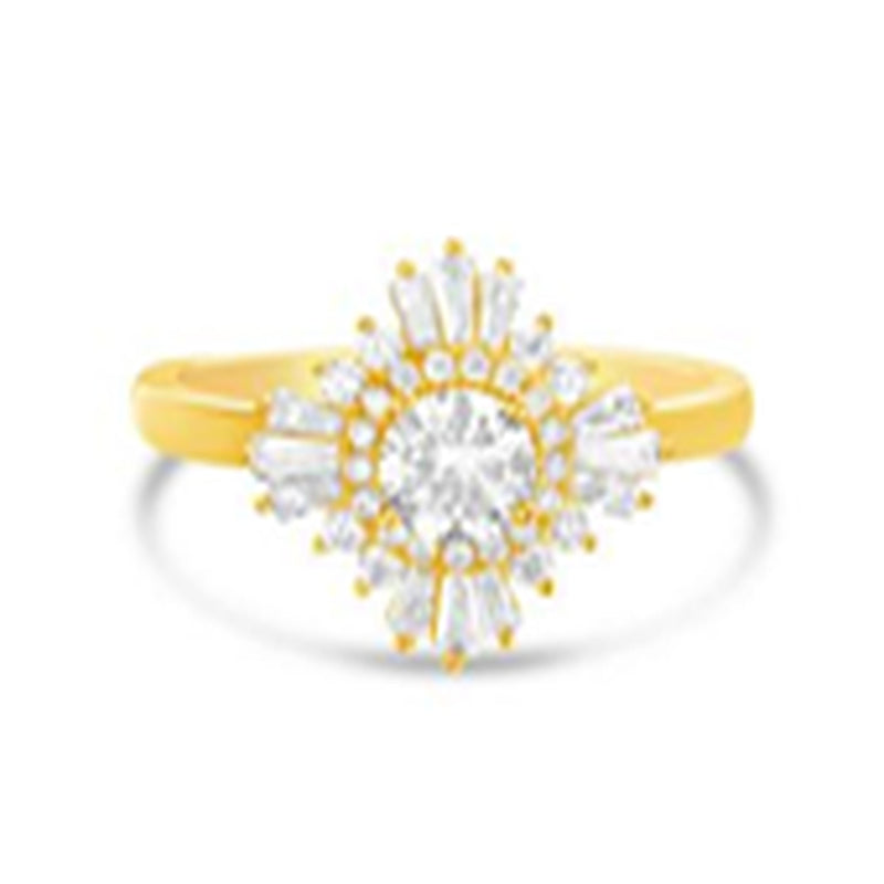 Gold Round CZ with Baguette Diamond Shaped Border Ring