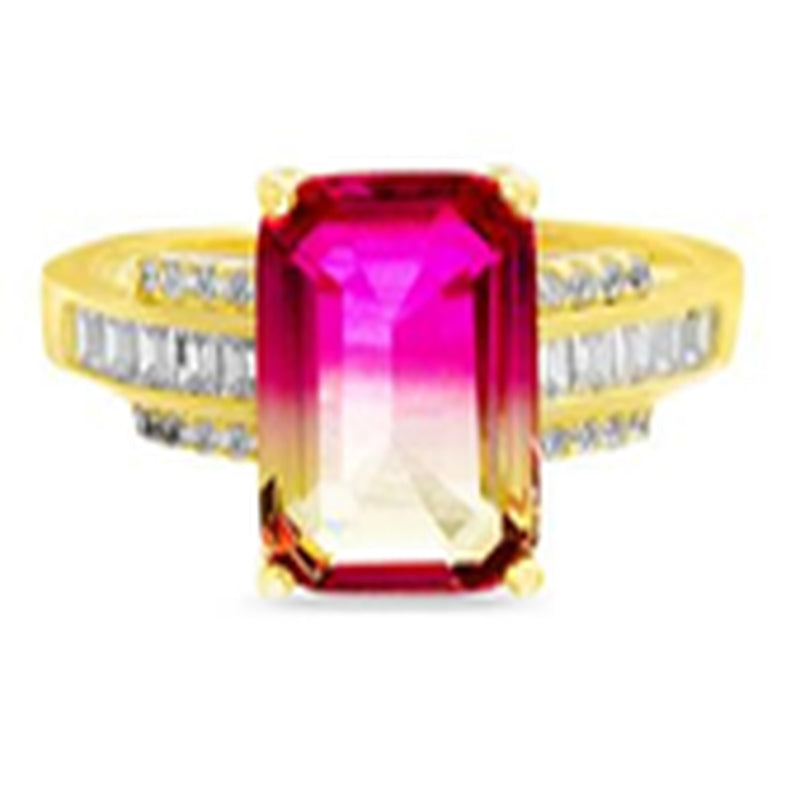 Gold Ombre Pink To Green Bar CZ with Clear CZ Baguette Band Ring