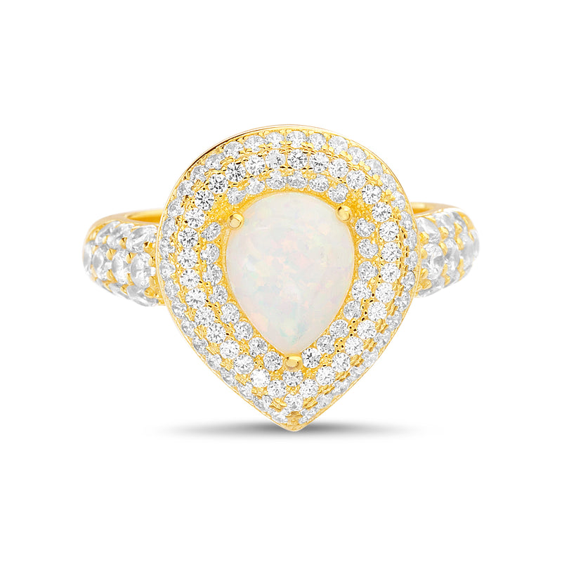 Gold Opal and CZ Halo with CZ Band Design Ring