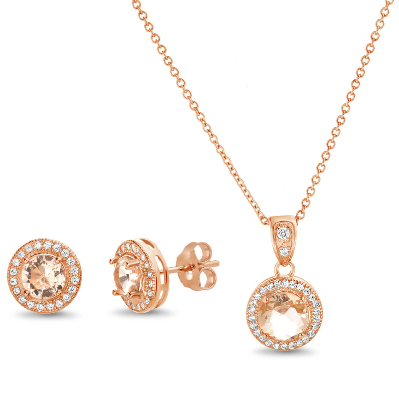 Silver Morganite CZ Round with CZ Halo Earring and Pendant Duo Set