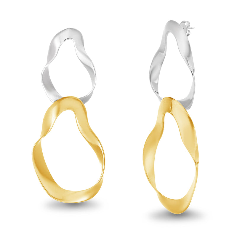 Silver Two Tone Wavy Double Drop Geo Shaped Post Earring