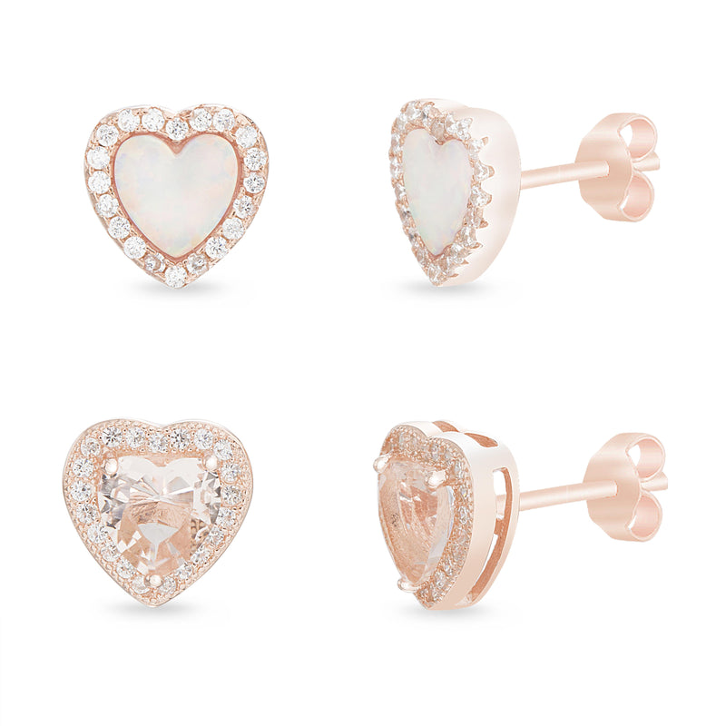 Rose White Opal and Morganite CZ Heart Shaped Stud Duo Earring Set