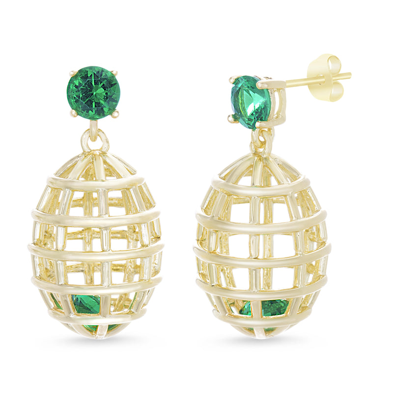 Silver Green Spinel Caged Oval Ball Dangle Post Earring