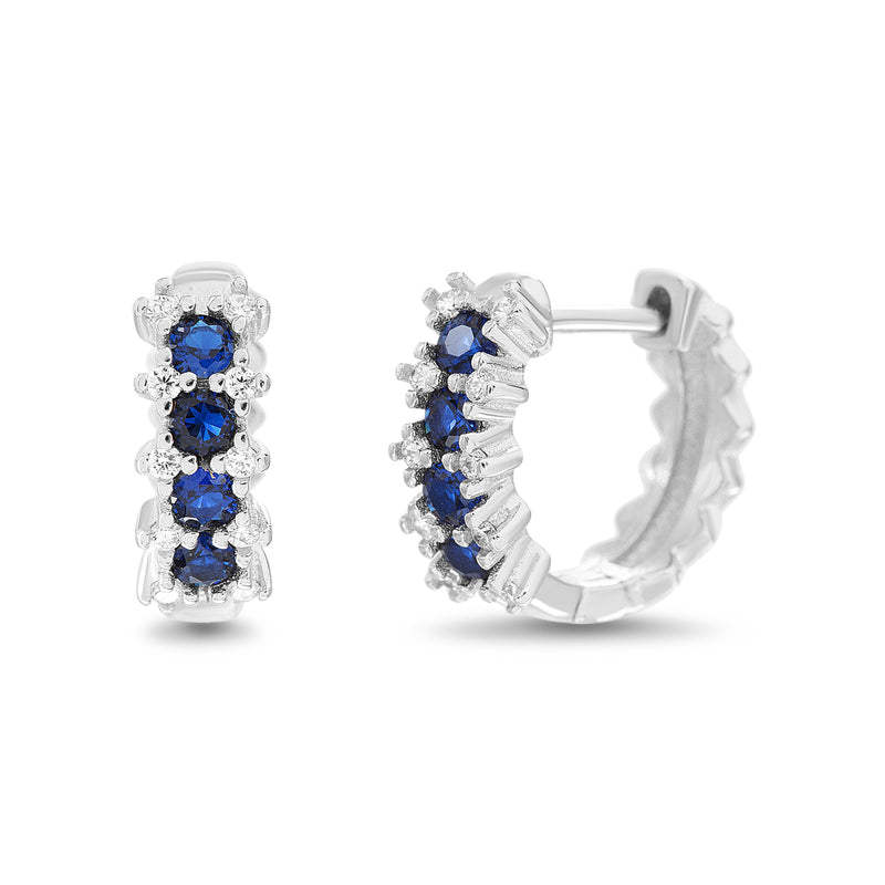 Silver Sapphire Cushion Cut and CZ Prong Huggie Hoop Earrings