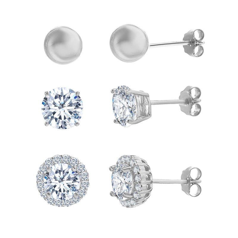 Sterling Silver Rh Pol Ball-CZ-Halo CZ Post Ear