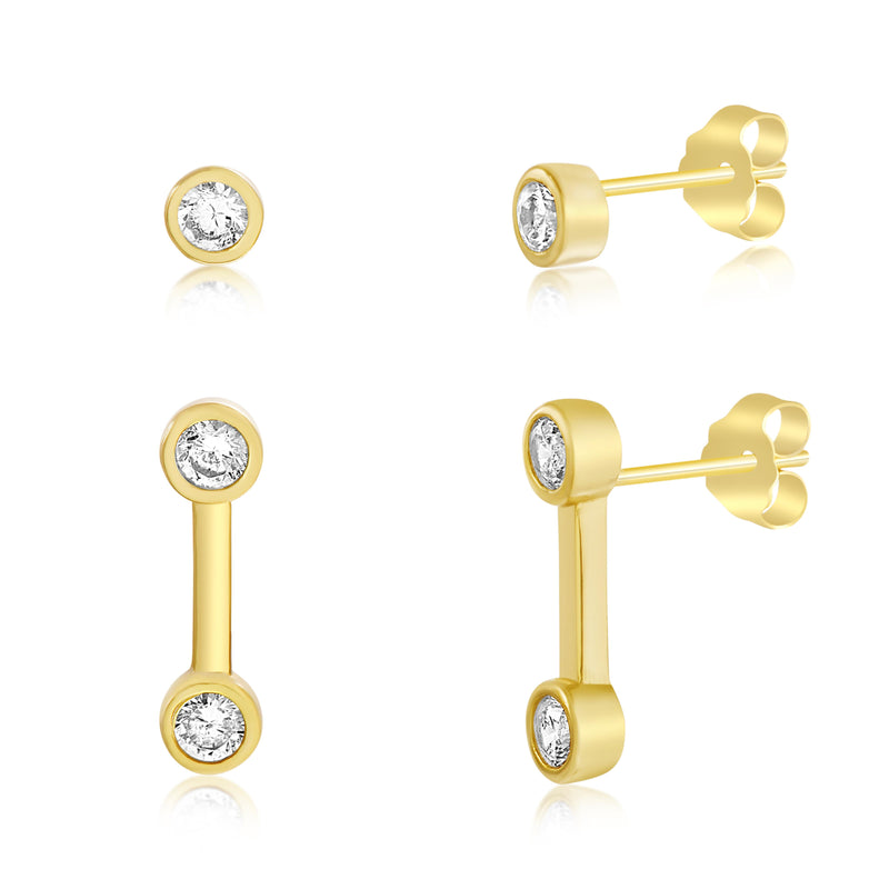 Gold CZ Bezel Duo Earring Set