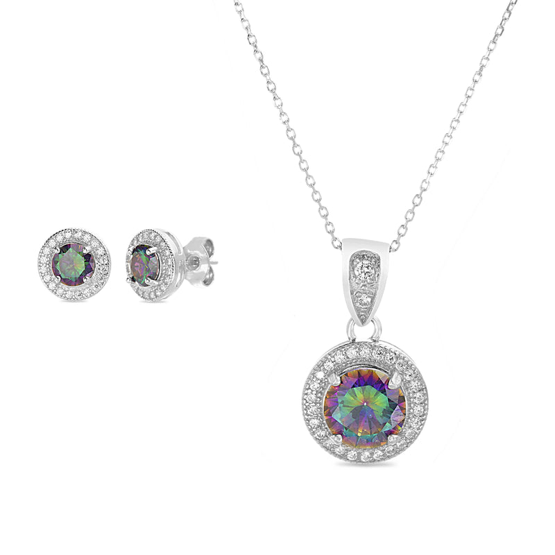 Silver Mystic CZ Round with CZ Halo Earring and Pendant Duo Set