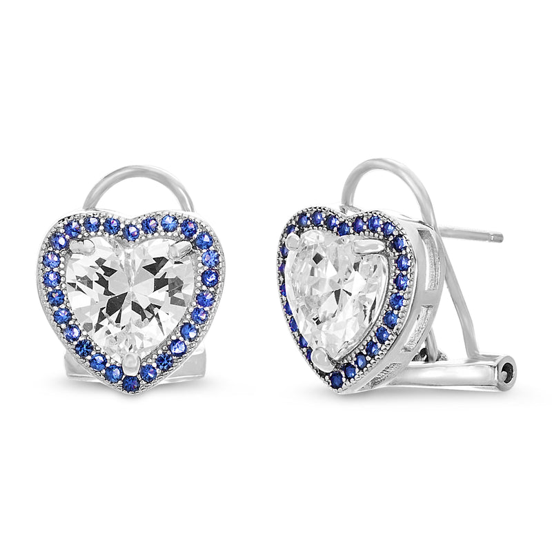 Sterling Silver Heart CZ and Sapphire Halo Omega Earring