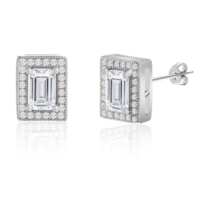 Silver Baguette CZ Halo Earring