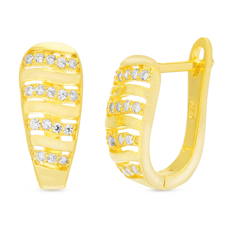 Gold CZ Wavy Line Design Leverback Earring