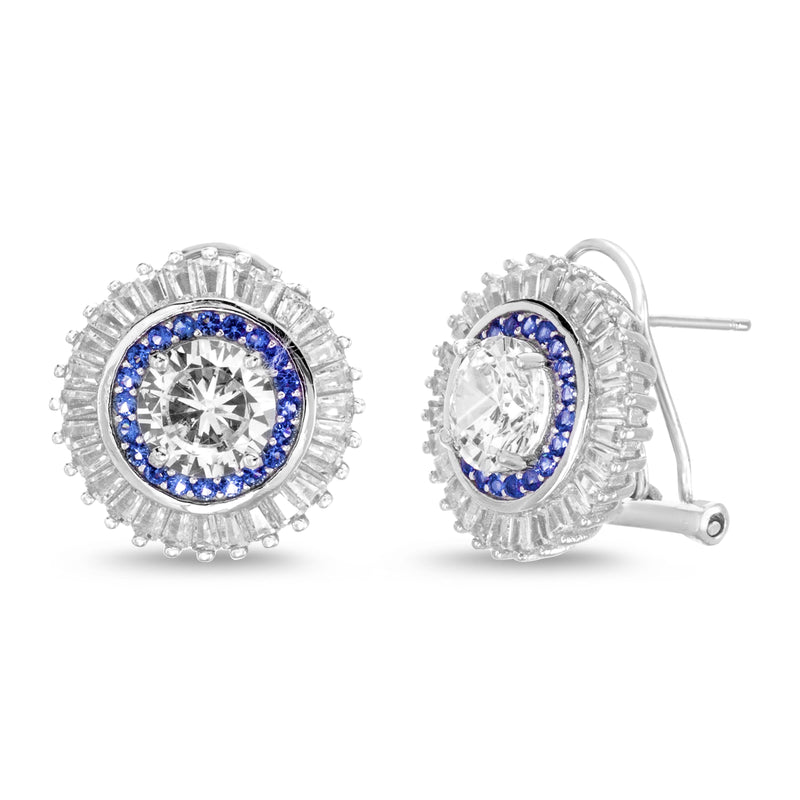 Sterling Silver Round CZ and Sapphire -Baguette CZ Double Halo Floral Design Omega Earring