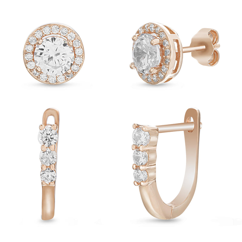 Rose CZ Halo Stud and Post Clip Earring Set