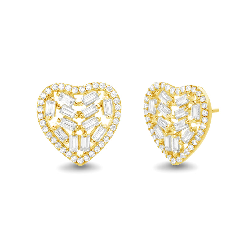 Gold CZ Baguette (Cluster) Halo Heart Post Earring