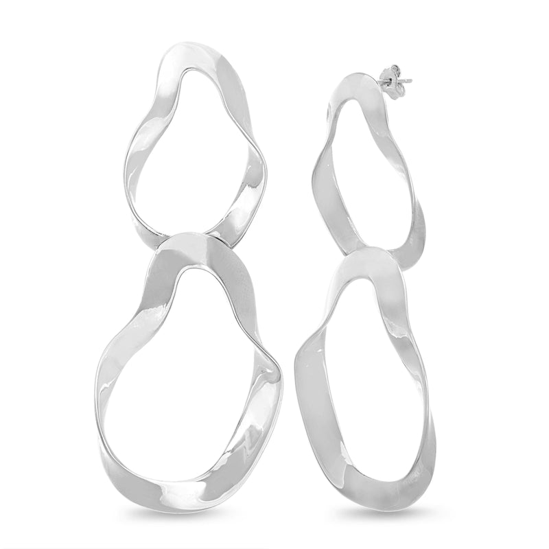 Silver Wavy Double Drop Geo Shaped Post Earring