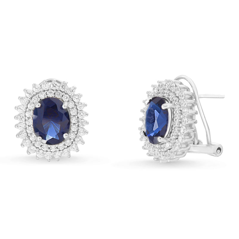 Sterling Silver Sapphire with CZ Halo (Omega) Stud Earring