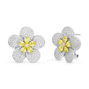 Silver Multicolored CZ White Petals with CZ Yellow Teardrop Center Flower Design Earring