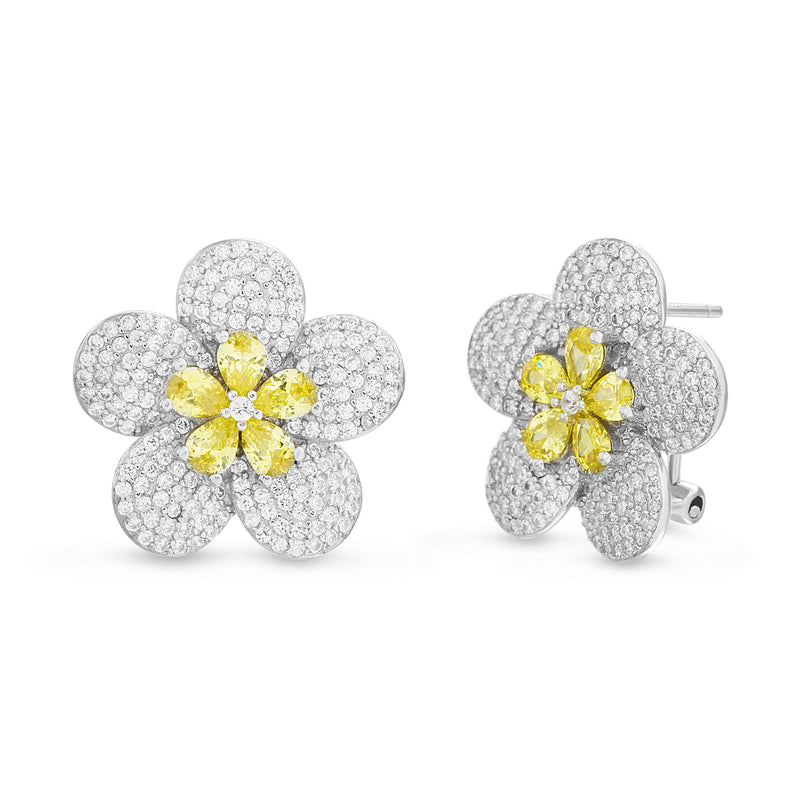 Silver Multicolored CZ White Petals with CZ Yellow Teardrop Center Flower Design Earring