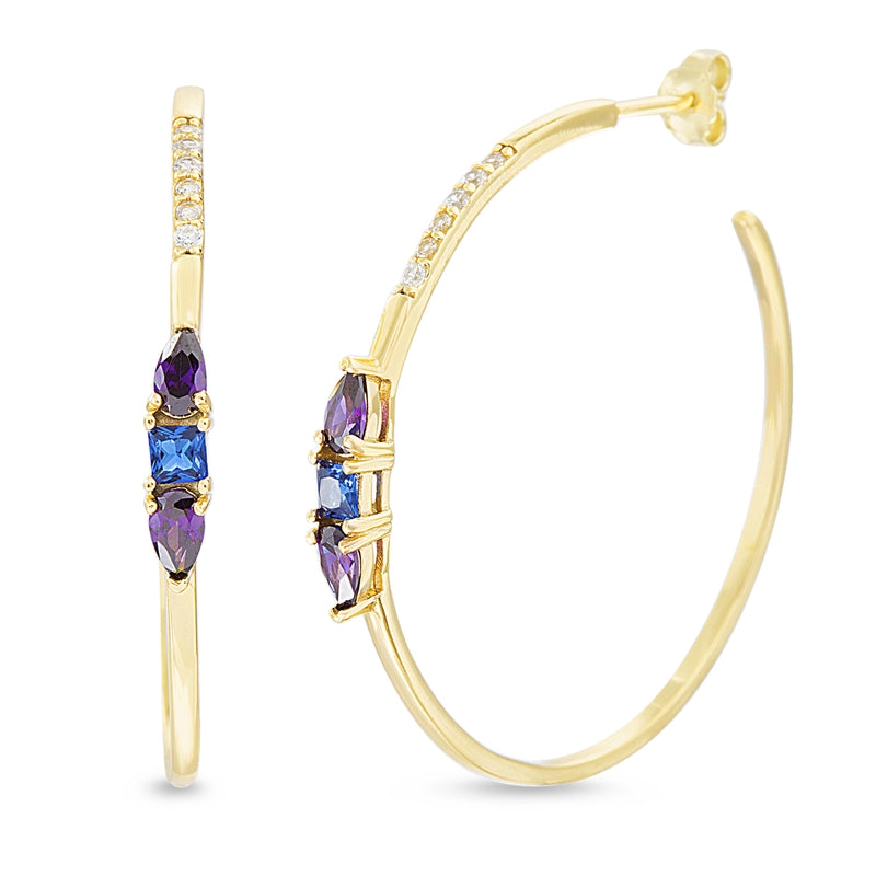 Gold Blue Spinel and Multi CZ Post Hoop Earring