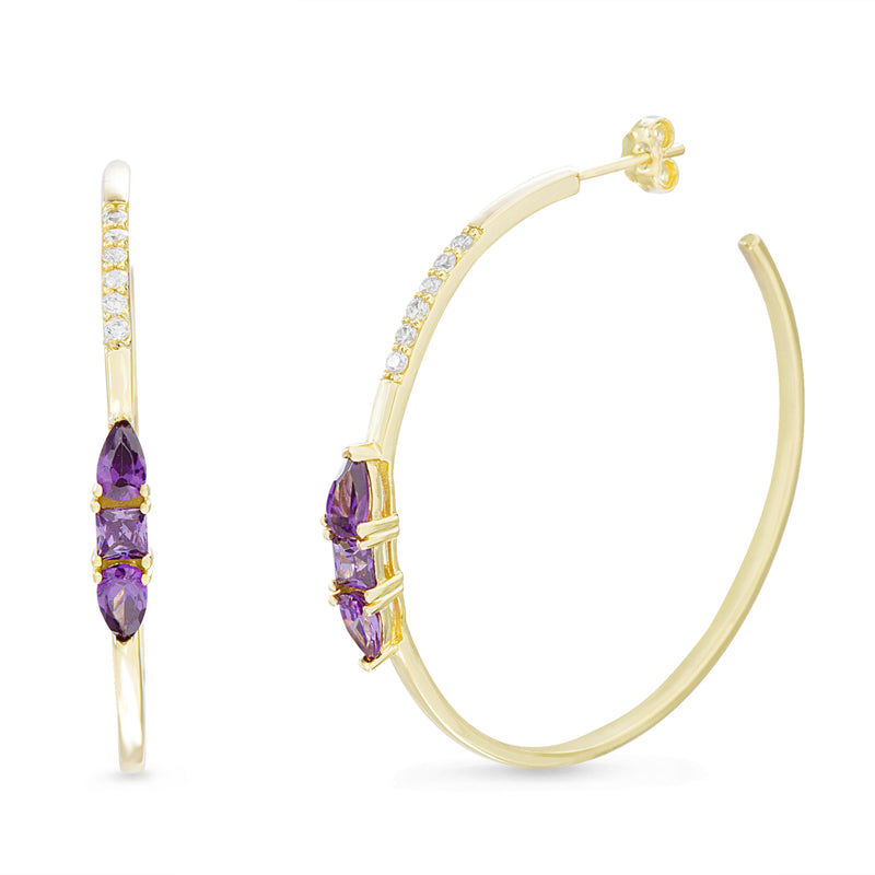 Gold Purple Clear CZ Post Hoop Earring