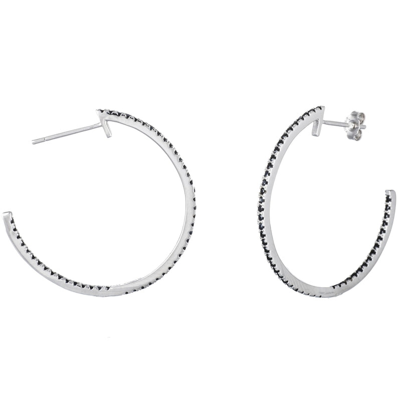 Sterling Silver Black CZ 25Mm Rd Hoop PostwithRho