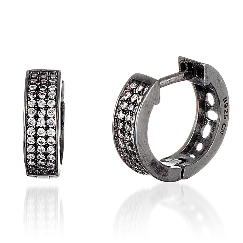 Sterling Silver Blk Rh CZ Huggie