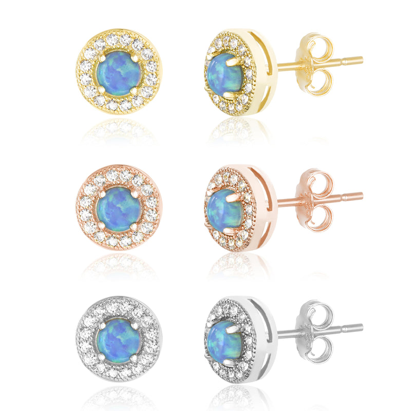 Silver Tri-Colored Blue Opal Round with CZ Halo Trio Earring Set