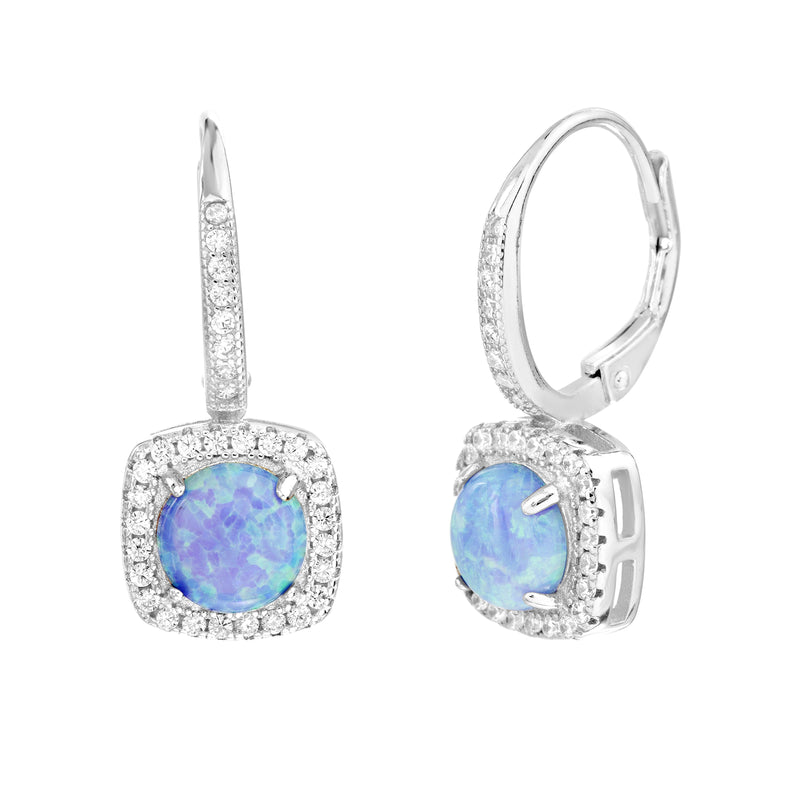 Sterling Silver CZ Cushion Cut and Opal Lever Back Earring