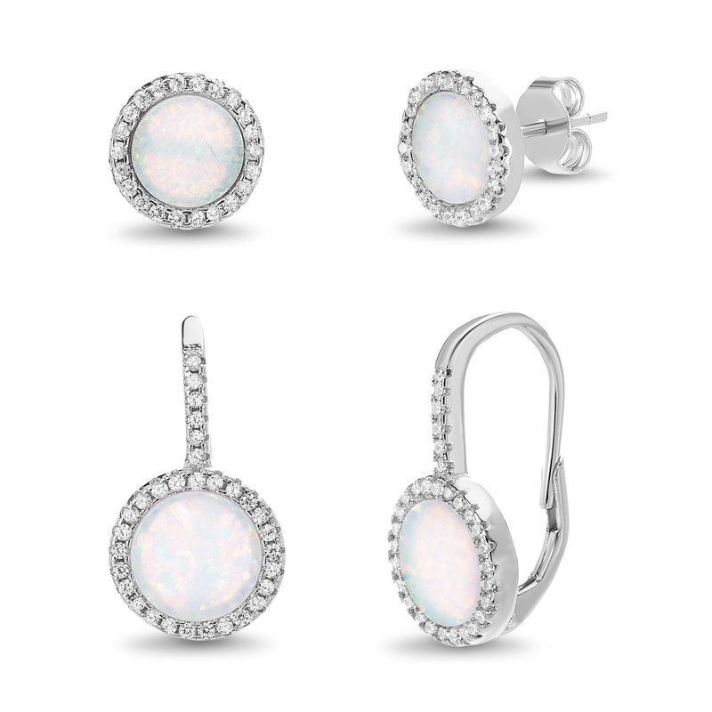 Sterling Silver Round Opal-CZ Lever Back Stud Duo Earring Set