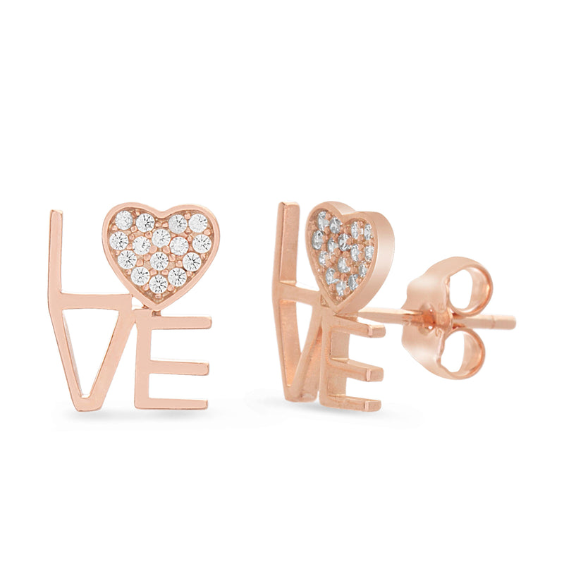 Rose CZ Heart "Love" Post Earring