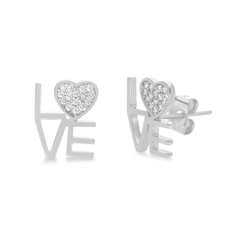 Sterling Silver CZ Heart "Love" Post Earring