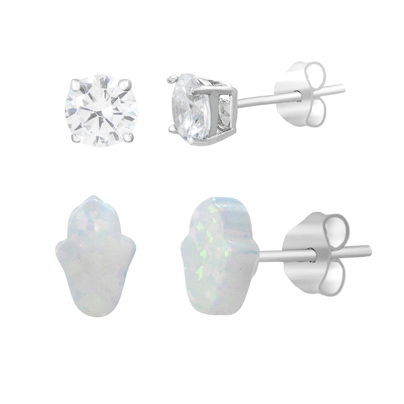 Silver Opal Hamsa Duo Earring Set