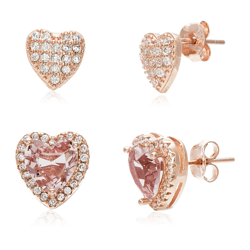 Rose CZ Heart Post Earring Set