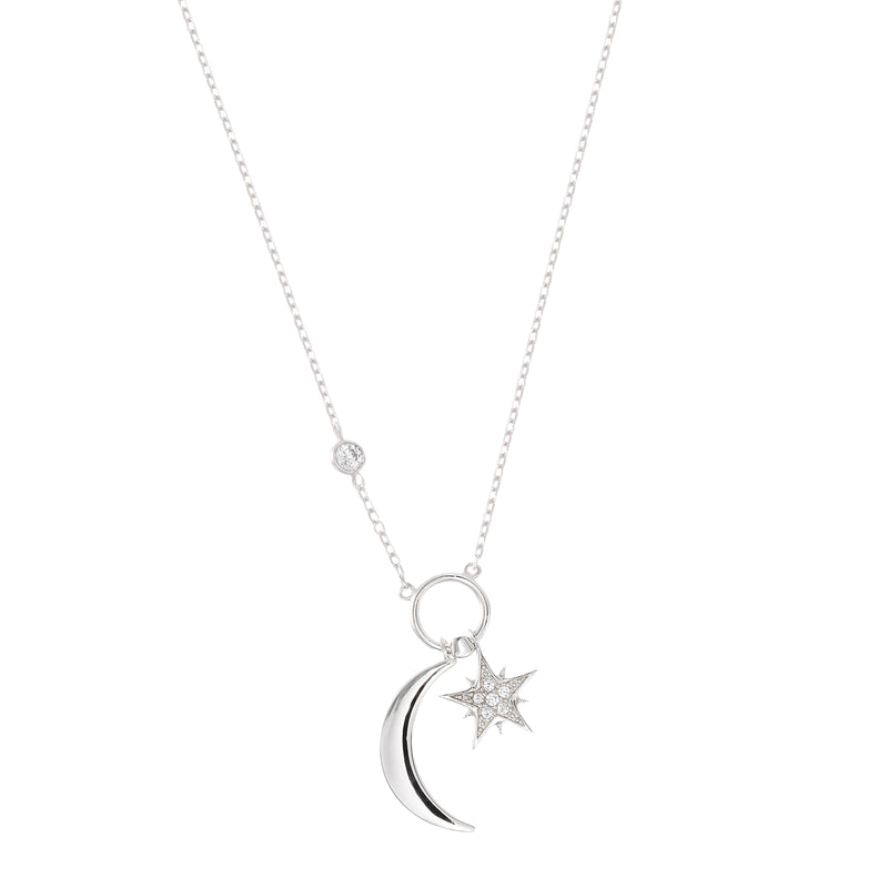 Xsilver CZ Crescent Star Necklace