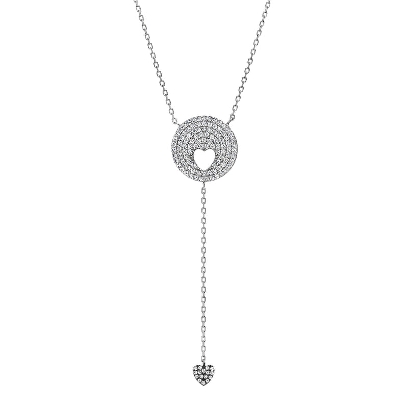 Sterling Silver CZ Pave Circle-Cut Out Heart with Heart Charm Cable Chain Necklace