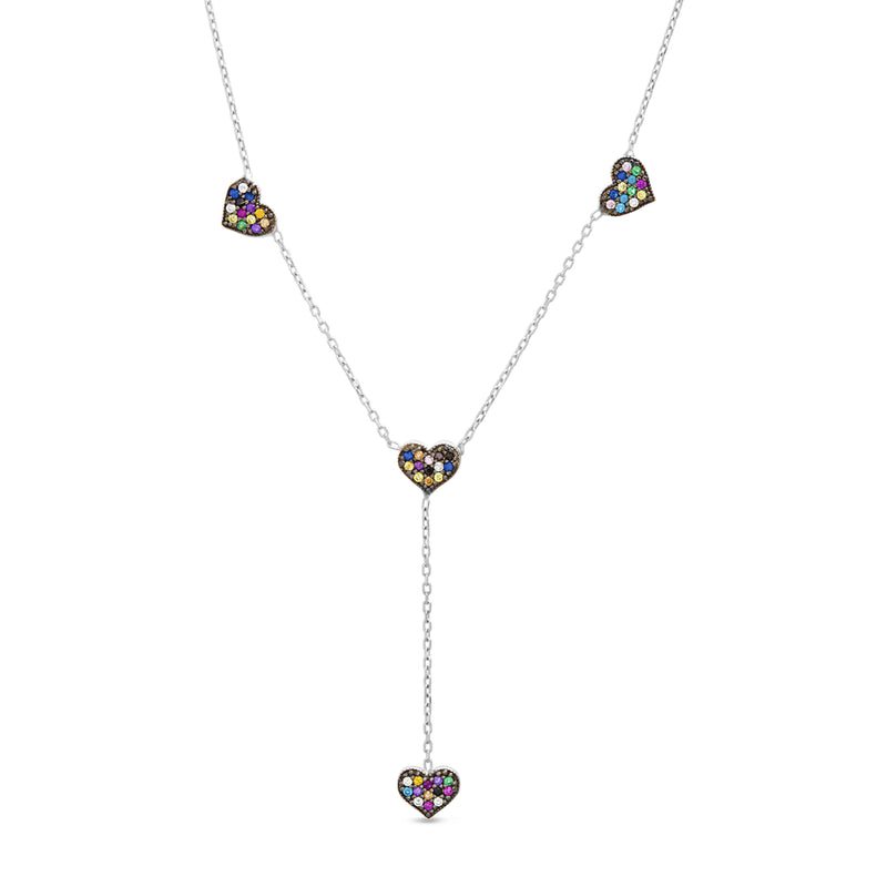 Silver Multicolored CZ Three Heart Stations with Dangle Heart Y Cable Chain Necklace