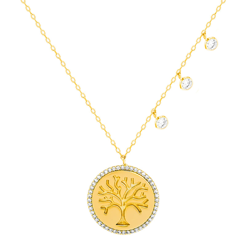 Gold CZ Disc Tree Of Life Necklace