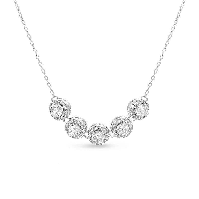 Silver CZ Round with CZ Halo 5 Station Cable Chain Necklace