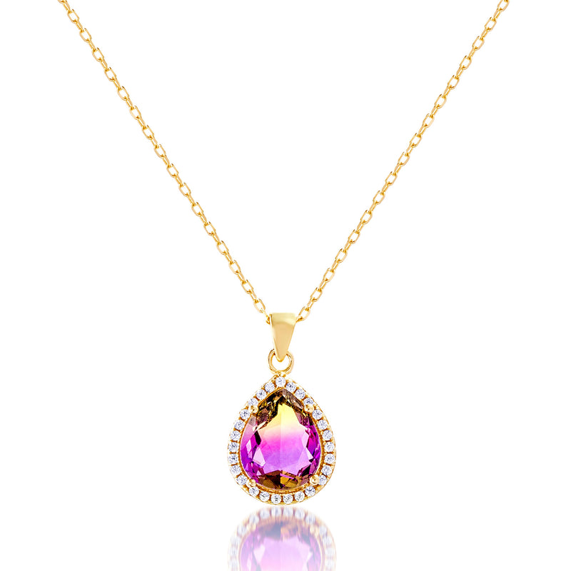 Gold Teardrop CZ Border Necklace