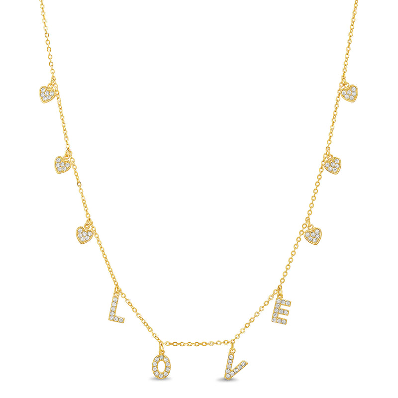 Gold Heart Shaped CZ "Love" Dangle Necklace