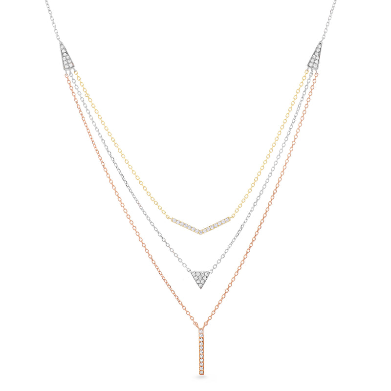 Tri-Color CZ 3 Layered ArrowithTriangle-Bar Necklace