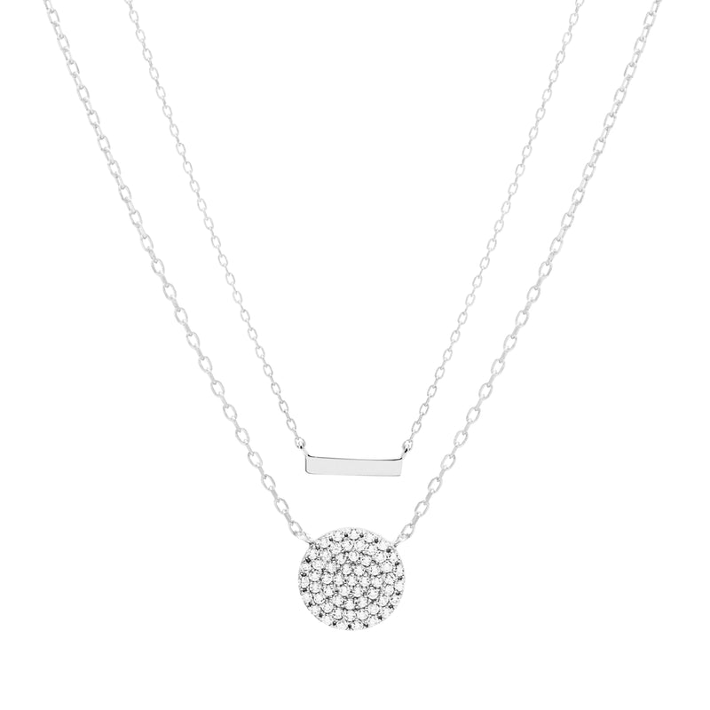 Sterling Silver Rh 2Lyr BarandCircle Pave CZ Neck