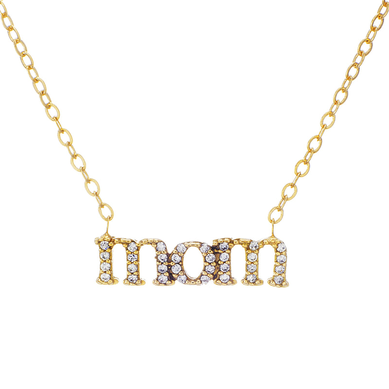 Sterling Silver CZ Mom On Cable Chain withGold