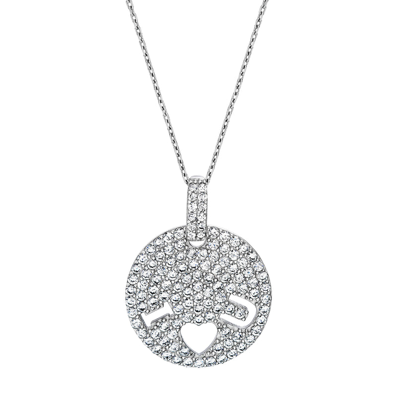 Sterling Silver CZ Pave Cut Out "I-Heart-U" Circle with Double Strand D-C Chain Necklace
