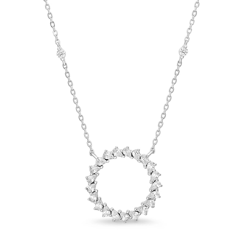 Sterling Silver CZ Oval Open Circle Station Rope Chain Necklace