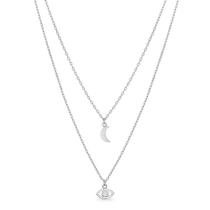Sterling Silver CZ Moon And Eye Double Layered Necklace
