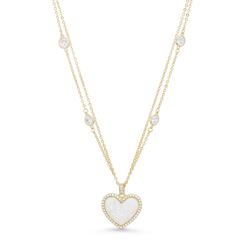 Sterling Silver CZ Border 18 Mm Heart Shaker With CZ Station CZ Double Cable Chain 17+2 Necklace