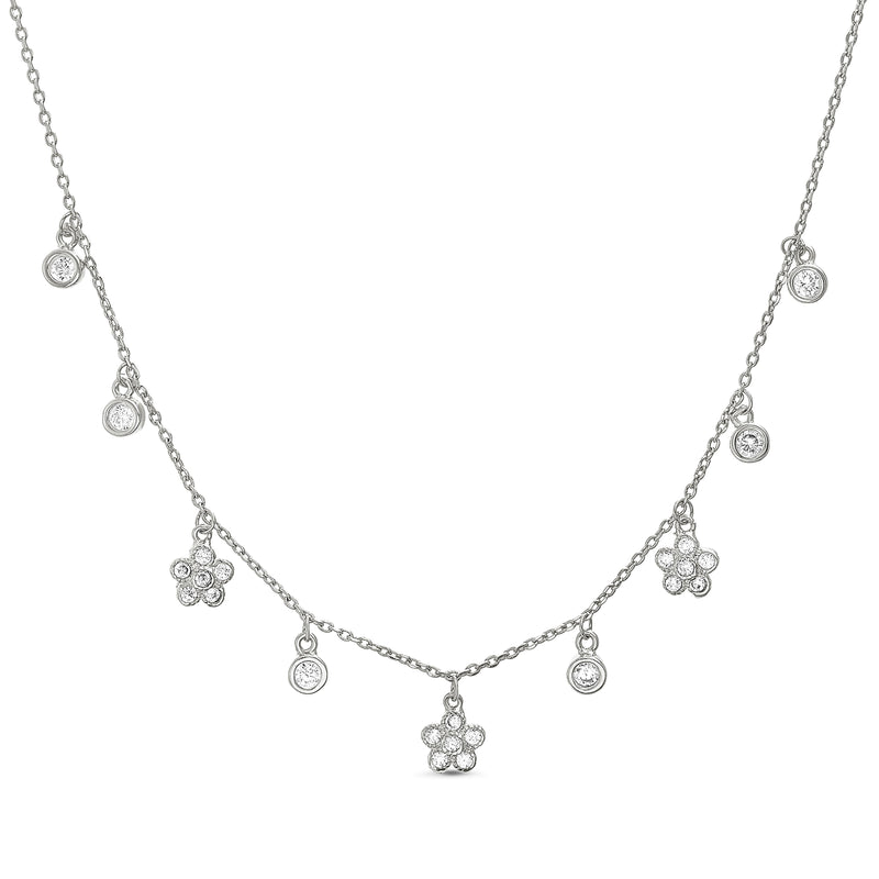 Silver Flower Charms With CZ Necklace