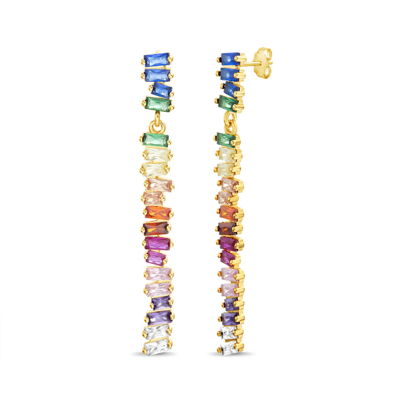 Gold Rainbow CZ Baguette Drop Post Earring