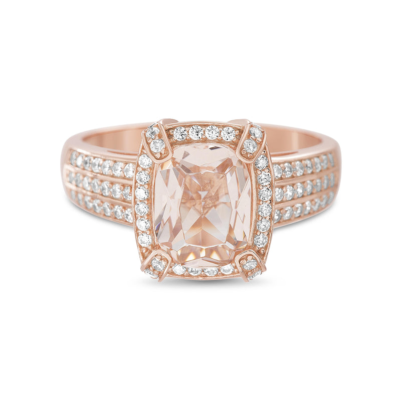 Silver Morganite CZ Oval with CZ Round 3 Row Design Band Ring